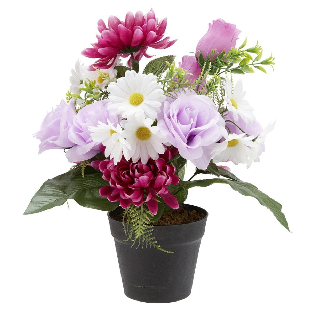 pot chrysanthème+rose+pâquerette h40 cm violet - fleur artificielle 14 têtes (GiFi-570214X)