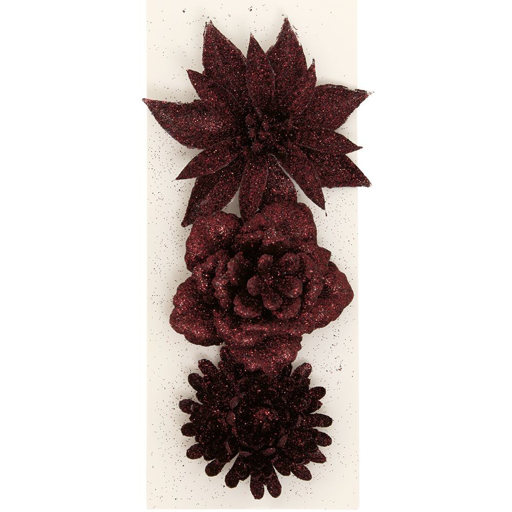 fleur rouge à paillettes à suspendre noël x3 (GiFi-572436X)