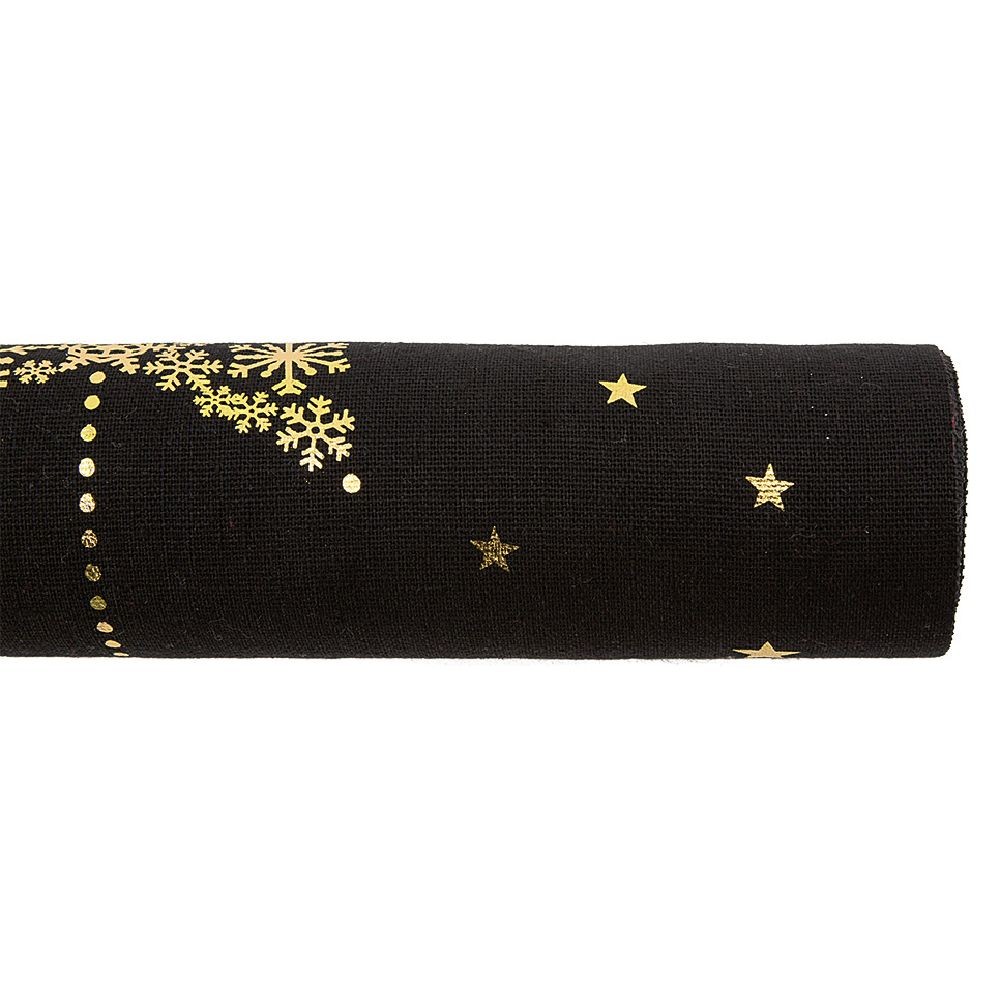 chemin de table en tissu noir motif flocon doré (GiFi-572907X)