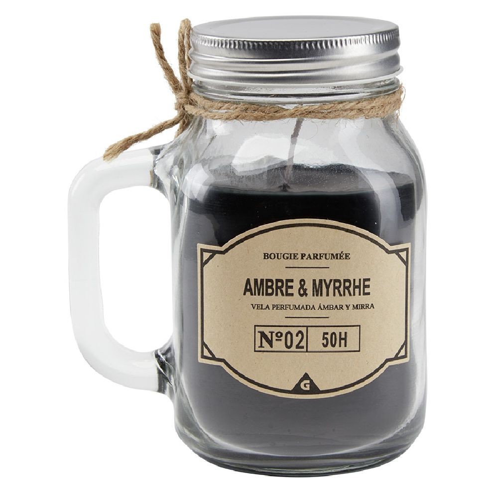 bougie noire dans mug en verre avec couvercle - senteur myrrhe ambre (GiFi-572941X)