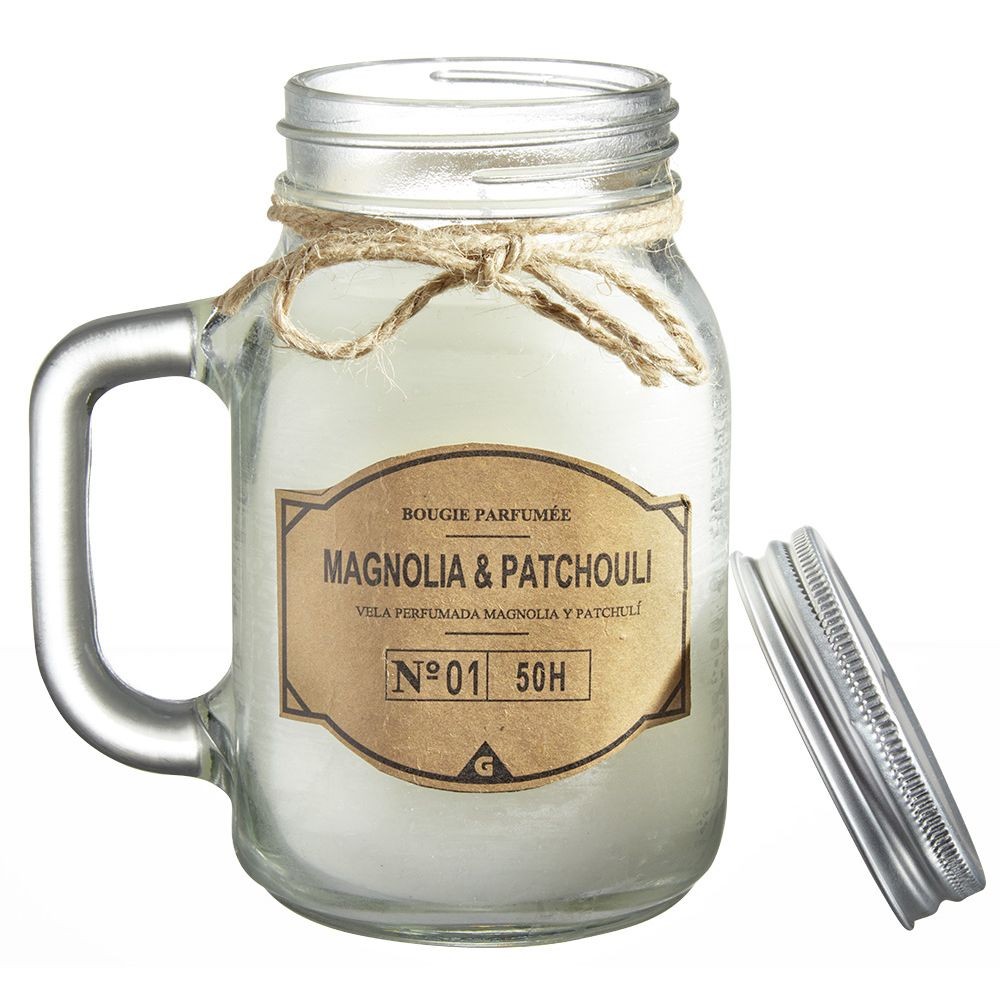 bougie blanche dans mug en verre avec couvercle - senteur magnolia patchouli (GiFi-572942X)