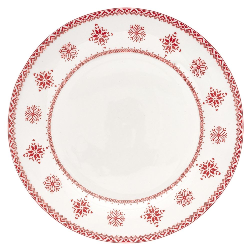 assiette plate en porcelaine blanche motif noël flocons rouges (GiFi-575139X)