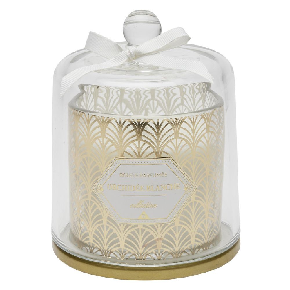 bougie parfumée ivoire sous cloche transparent doré (GiFi-576759X)