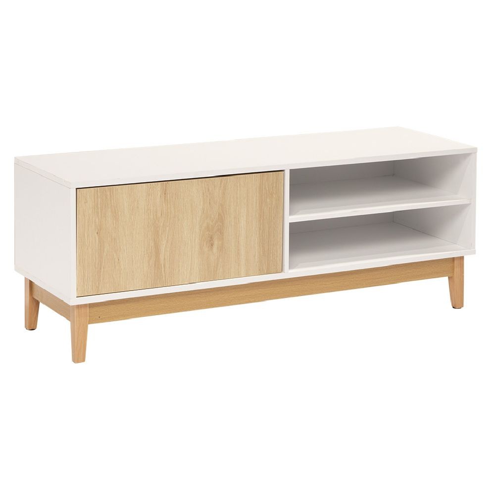 meuble tv lida 2 niches 1 porte en bois naturel et blanc (GiFi-580120X)