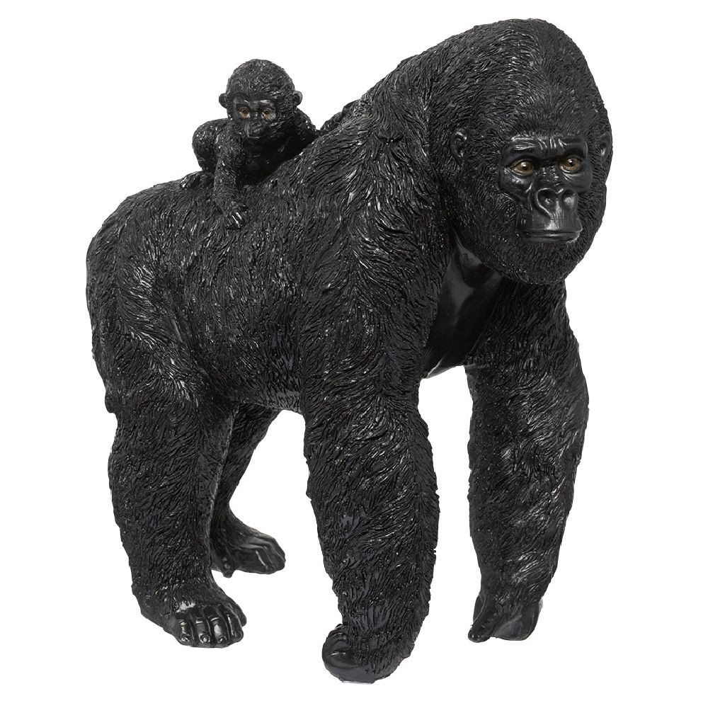 gorille avec son bébé sur le dos en résine noir h34cm (GiFi-580221X)