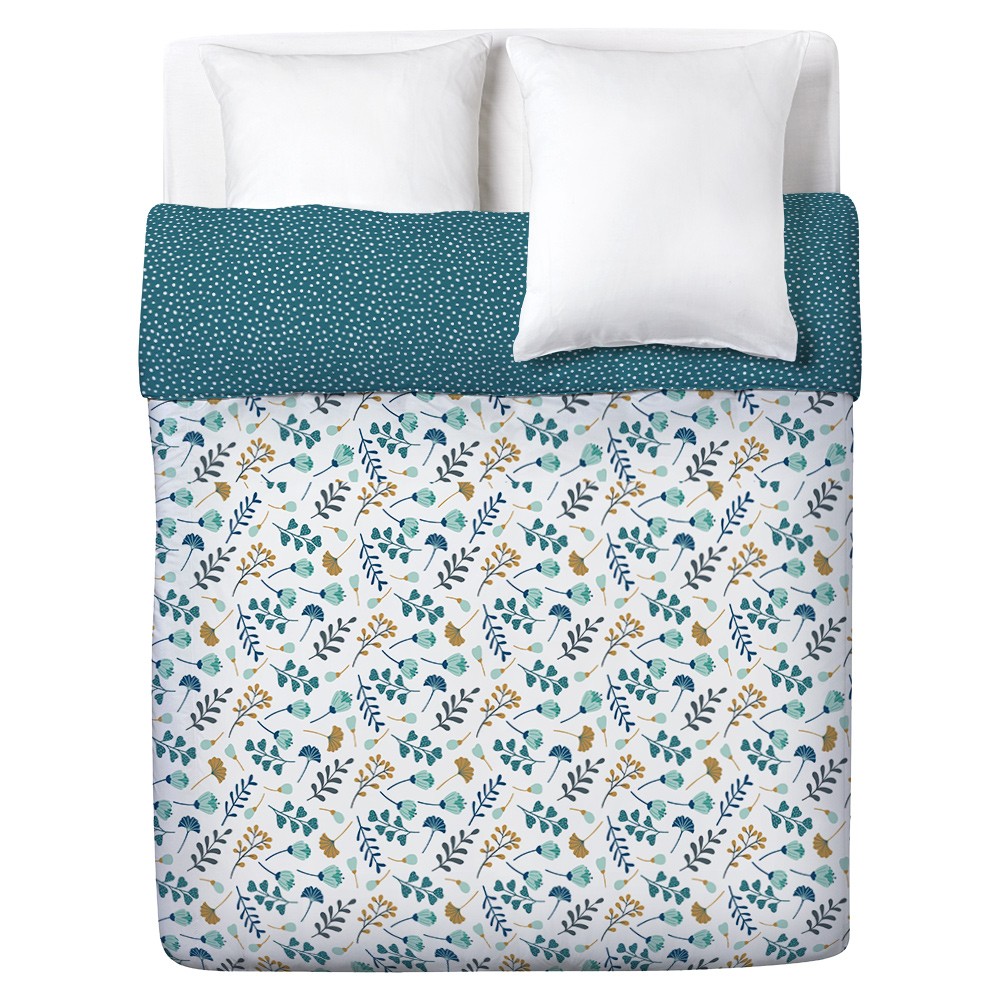 couvre lit réversible imprimé floral bleu et blanc 240x220cm (GiFi-581437X)