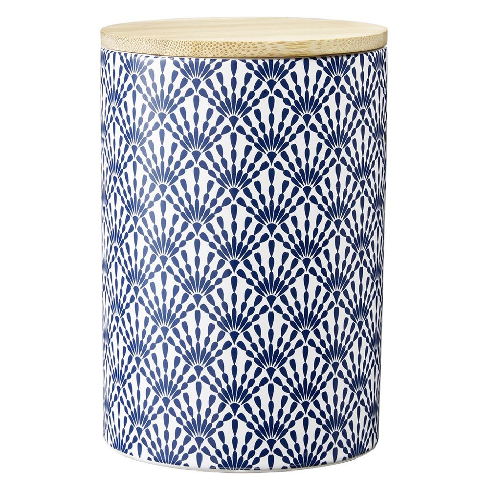 pot en céramique à motif bleu avec couvercle en bois h14 cm (GiFi-582010X)