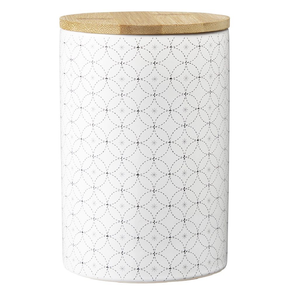 pot en céramique blanc à motif gris avec couvercle en bois h14 cm (GiFi-582016X)