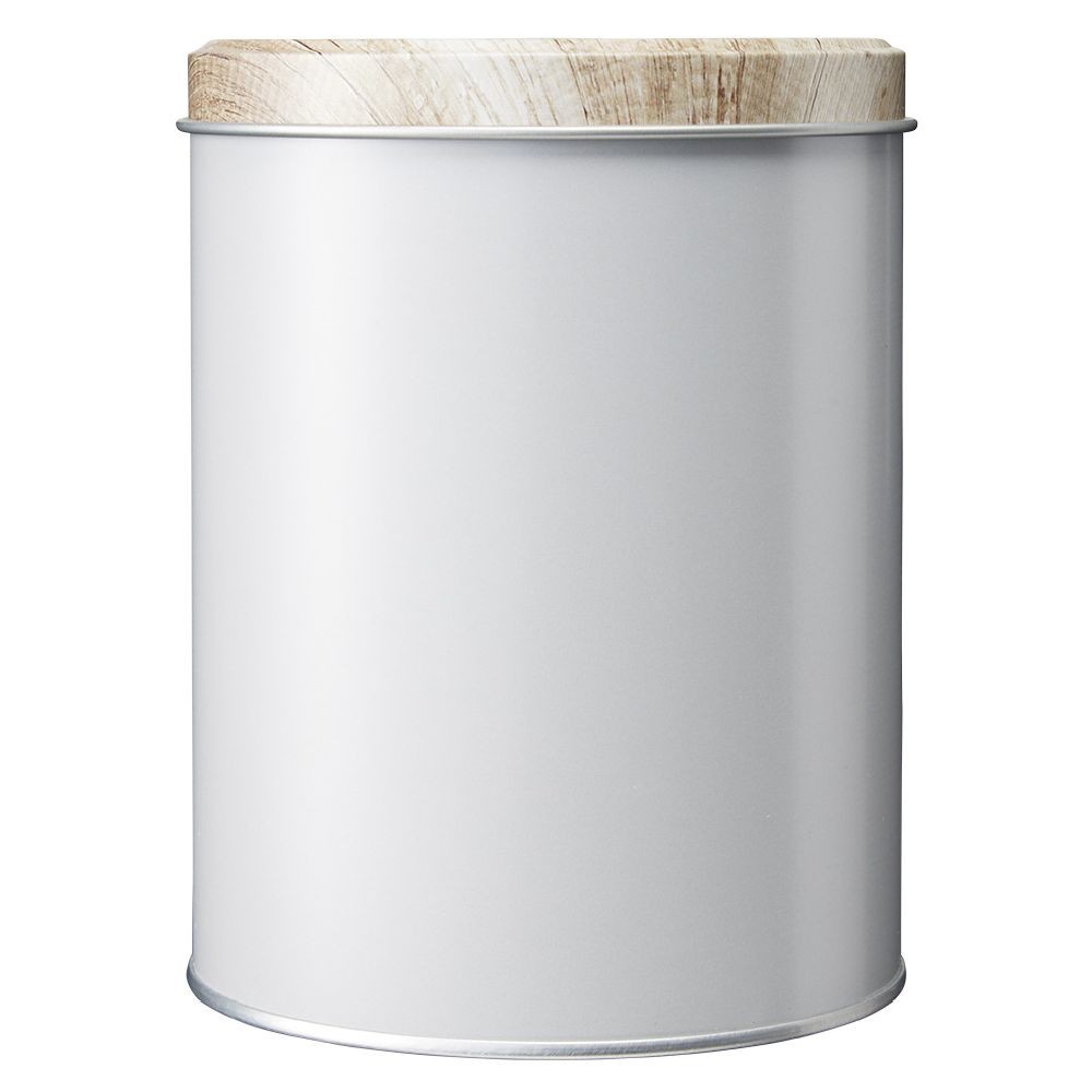 boîte ronde en métal gris avec couvercle effet bois (GiFi-583397X)
