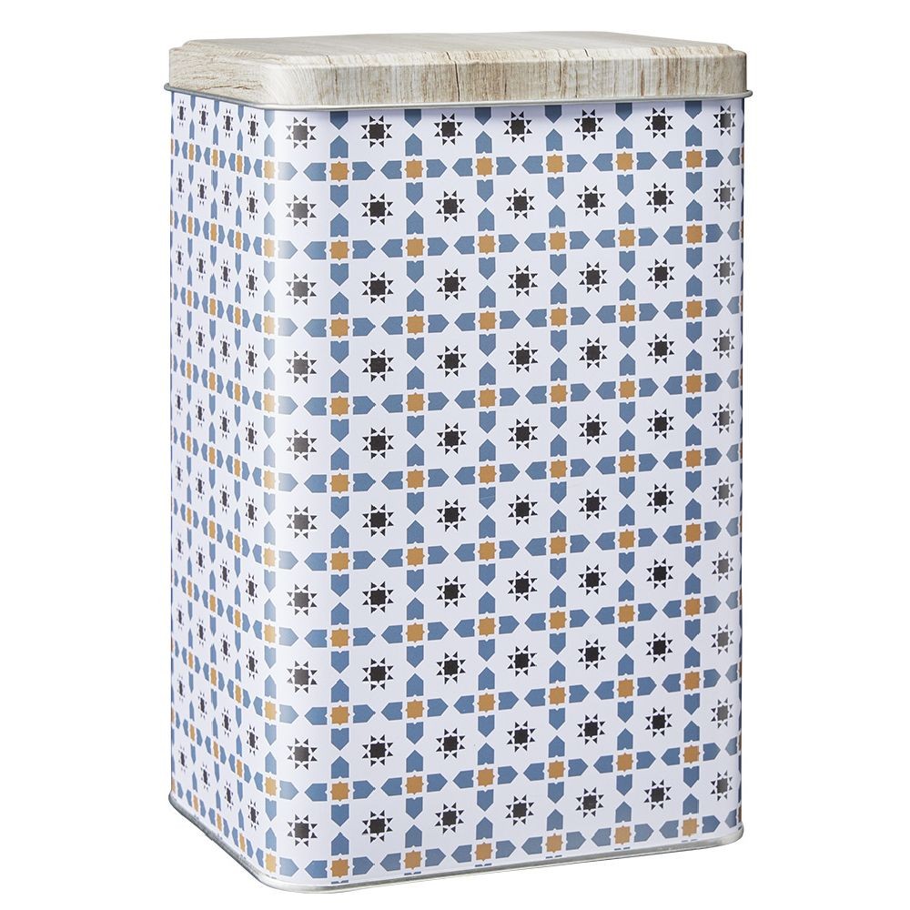 boîte en métal décor carreau de ciment avec couvercle effet bois (GiFi-583402X)