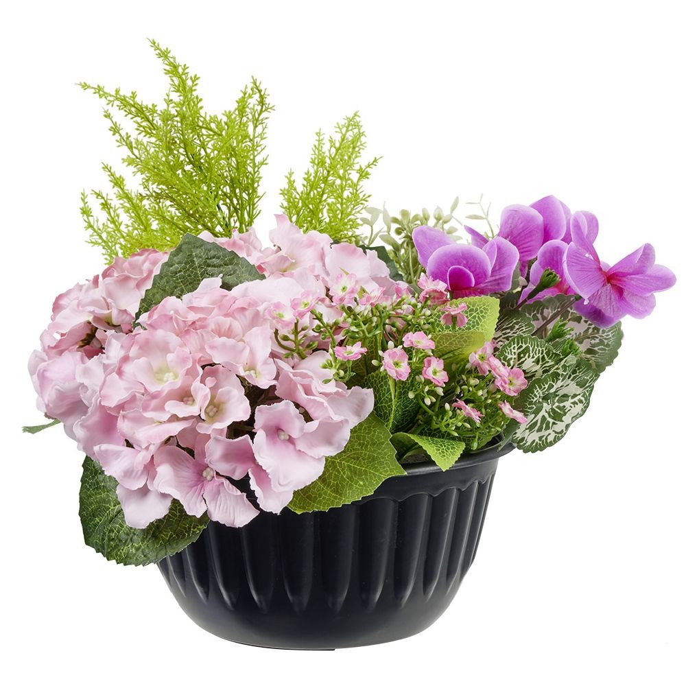 pot de mini rose cyclamen et fougère artificiel rose et violet h33cm (GiFi-593339X)