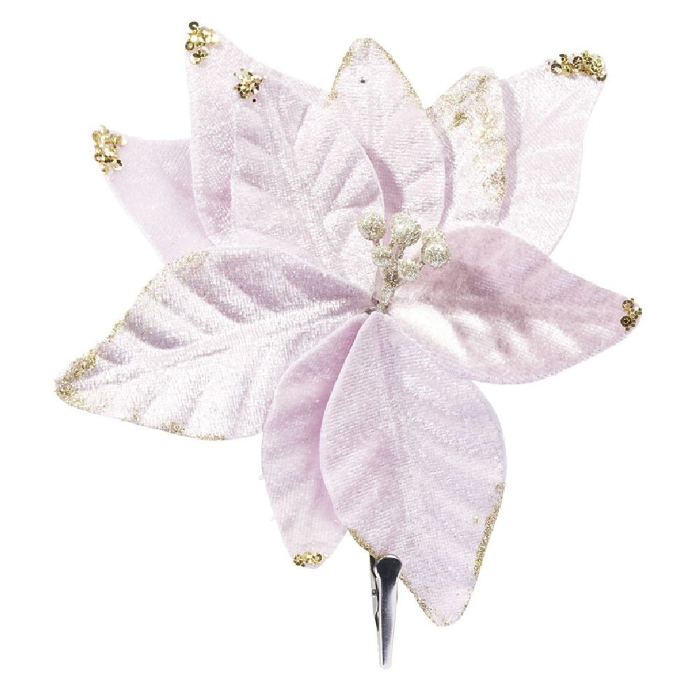 fleur poinsettia déco à clipser finition velours rose et dorée 20 cm (GiFi-593492X)
