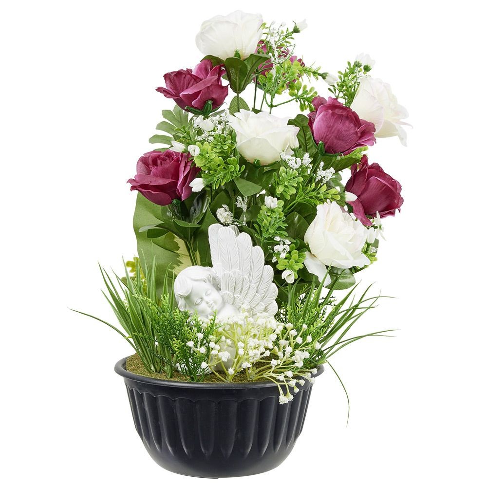 pot fleur artificielle rose rouge et blanche décor ange h58cm (GiFi-593743X)