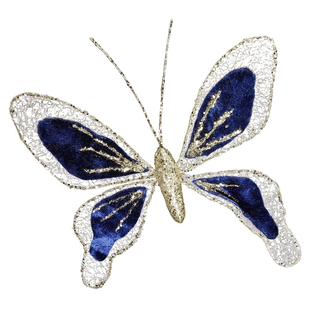décoration papillon pailleté bleu et doré h.15 cm (GiFi-593891X)