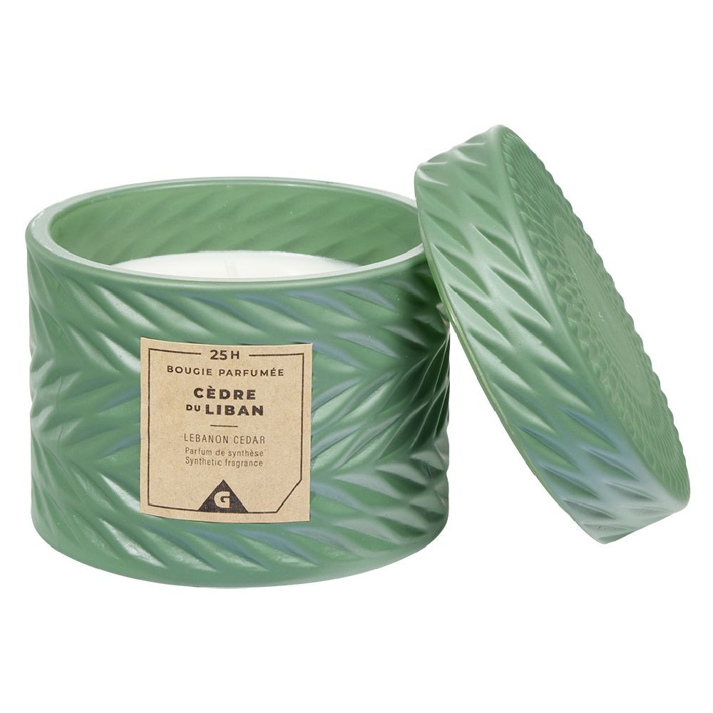 bougie parfumée vert design relief senteur cèdre du liban 25h (GiFi-594815X)