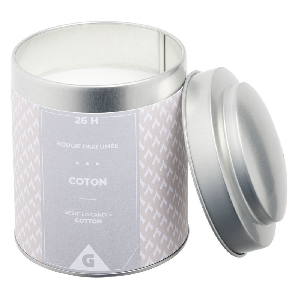 bougie parfumée dans pot en métal gris senteur coton 26h (GiFi-595776X)