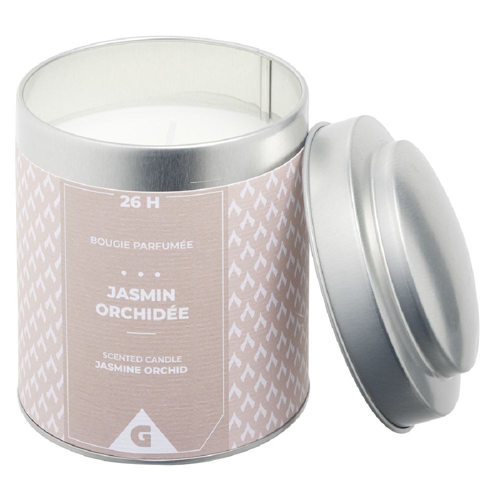bougie parfumée pot métal gris et beige senteur jasmin orchidée 26h (GiFi-595777X)