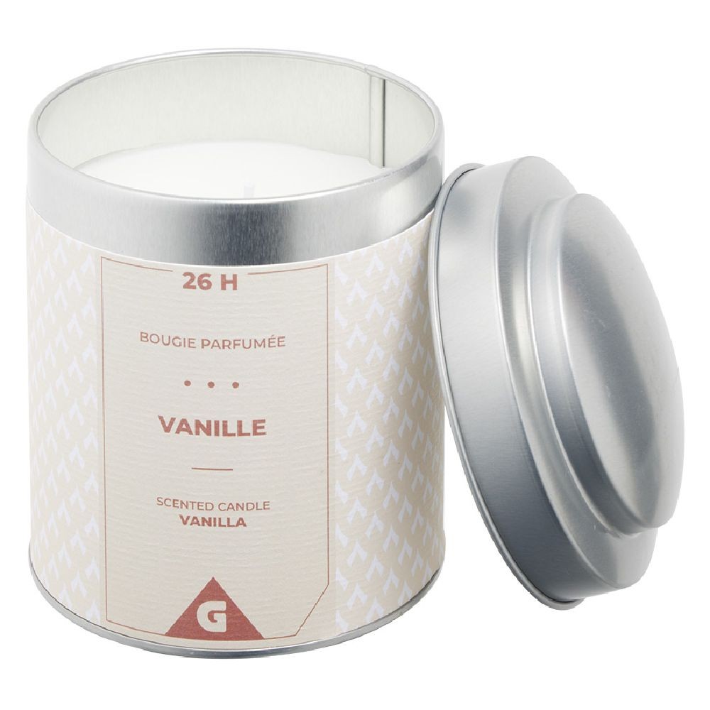 bougie parfumée dans pot métal gris et ivoire senteur vanille 26h (GiFi-595778X)