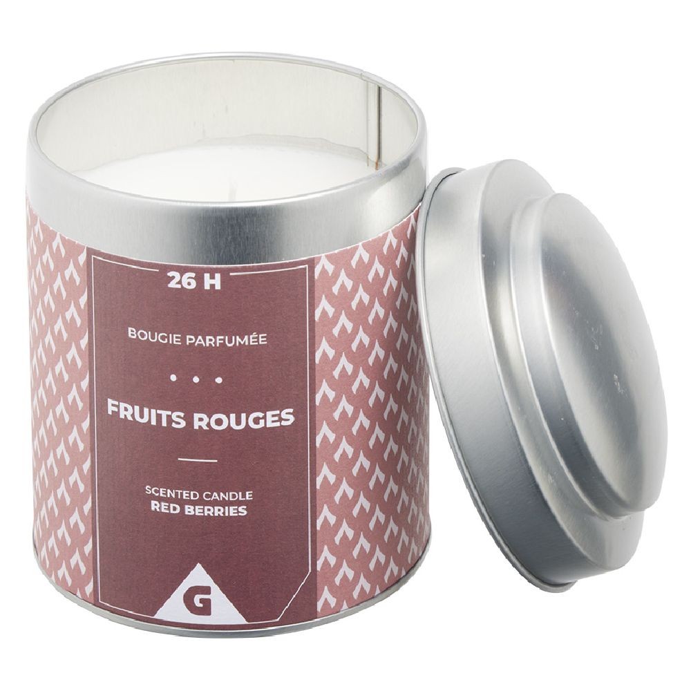 bougie parfumée dans pot métal gris et rouge senteur fruits rouges 26h (GiFi-595779X)