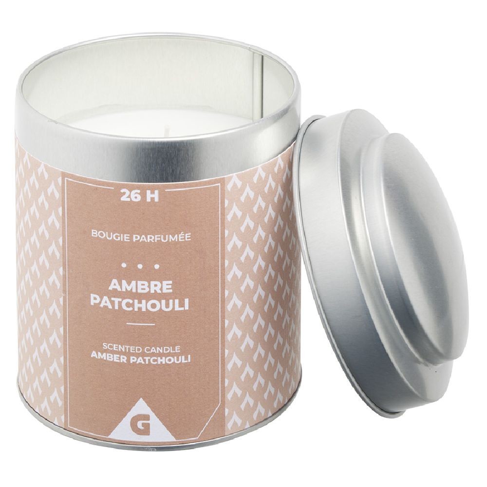bougie parfumée pot métal gris et moutarde senteur ambre patchouli 26h (GiFi-595780X)