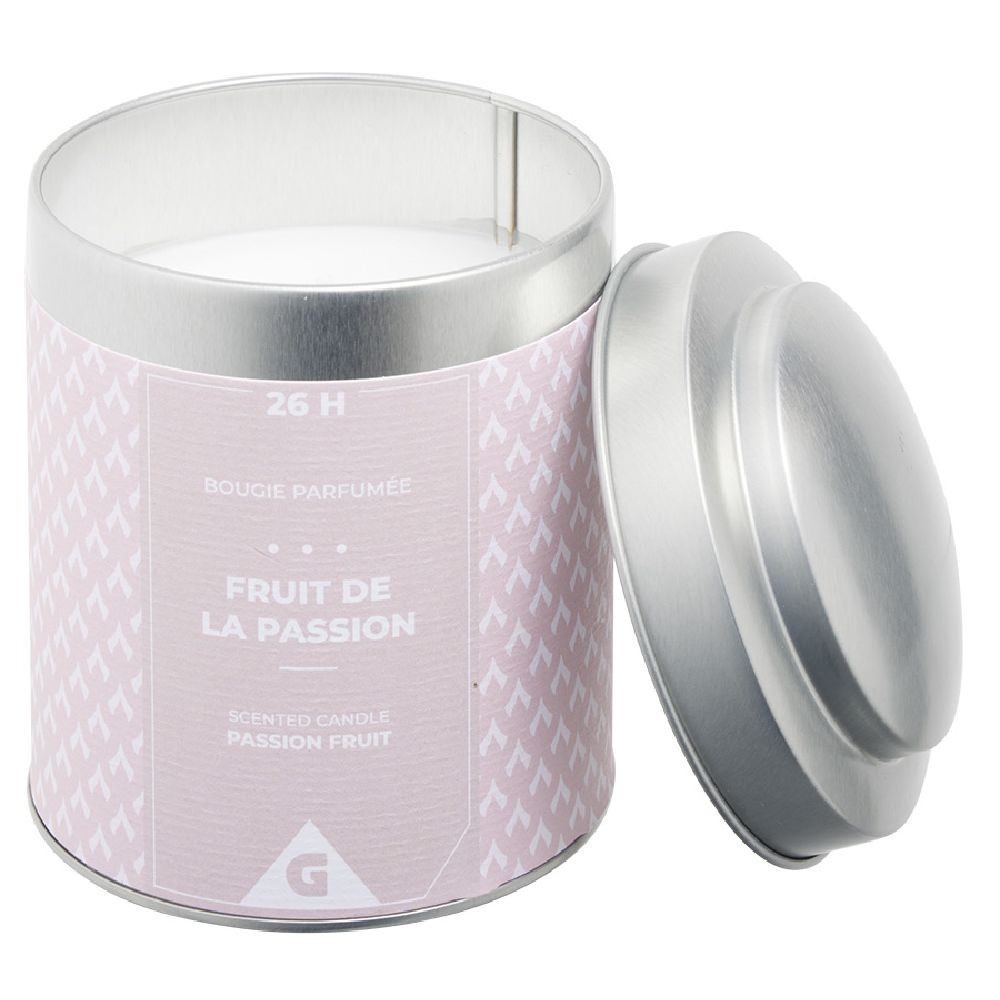 bougie parfumée pot métal gris et rose senteur fruit de la passion 26h (GiFi-595781X)