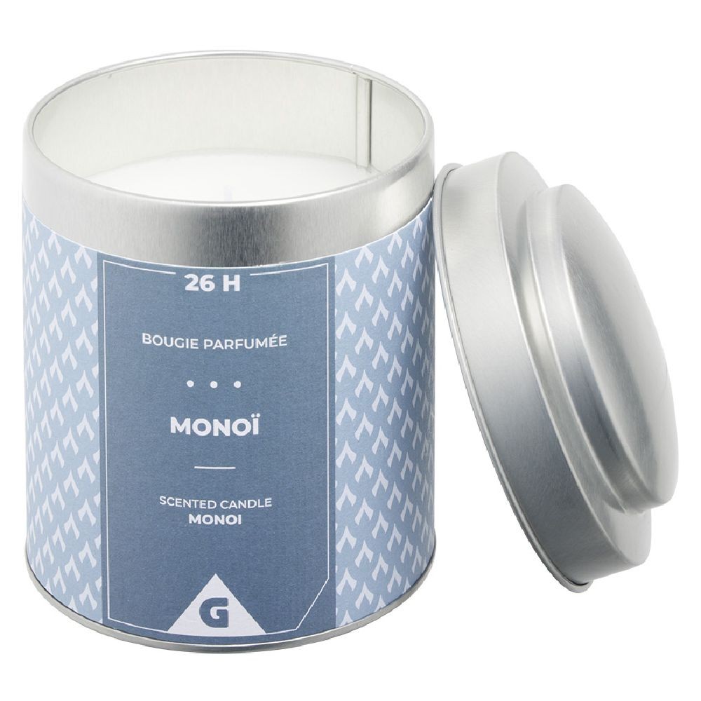 bougie parfumée dans pot métal gris et bleu senteur monoï 26h (GiFi-595782X)