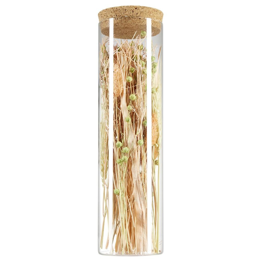 tube en verre couvercle liège intérieur fleurs séchées rose et vert (GiFi-598720X)