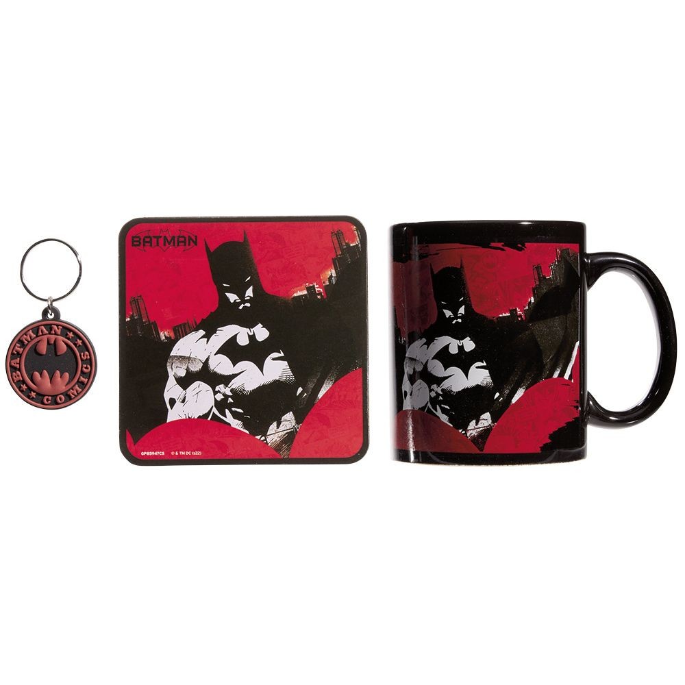 coffret cadeau batman comics mug sous-verre porte-clé rouge noir 3pcs (GiFi-598969X)