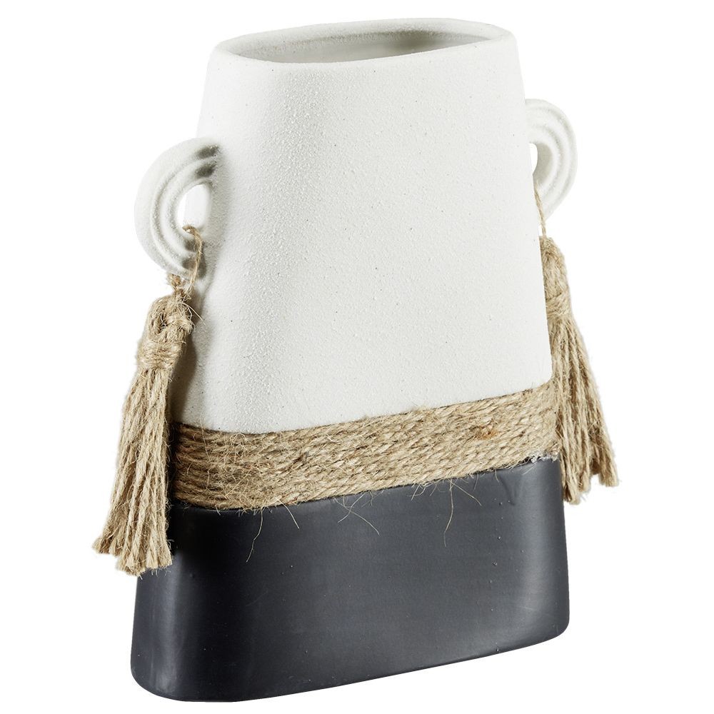 vase en céramique et jute design ethnique noir et blanc h20,3cm (GiFi-599264X)