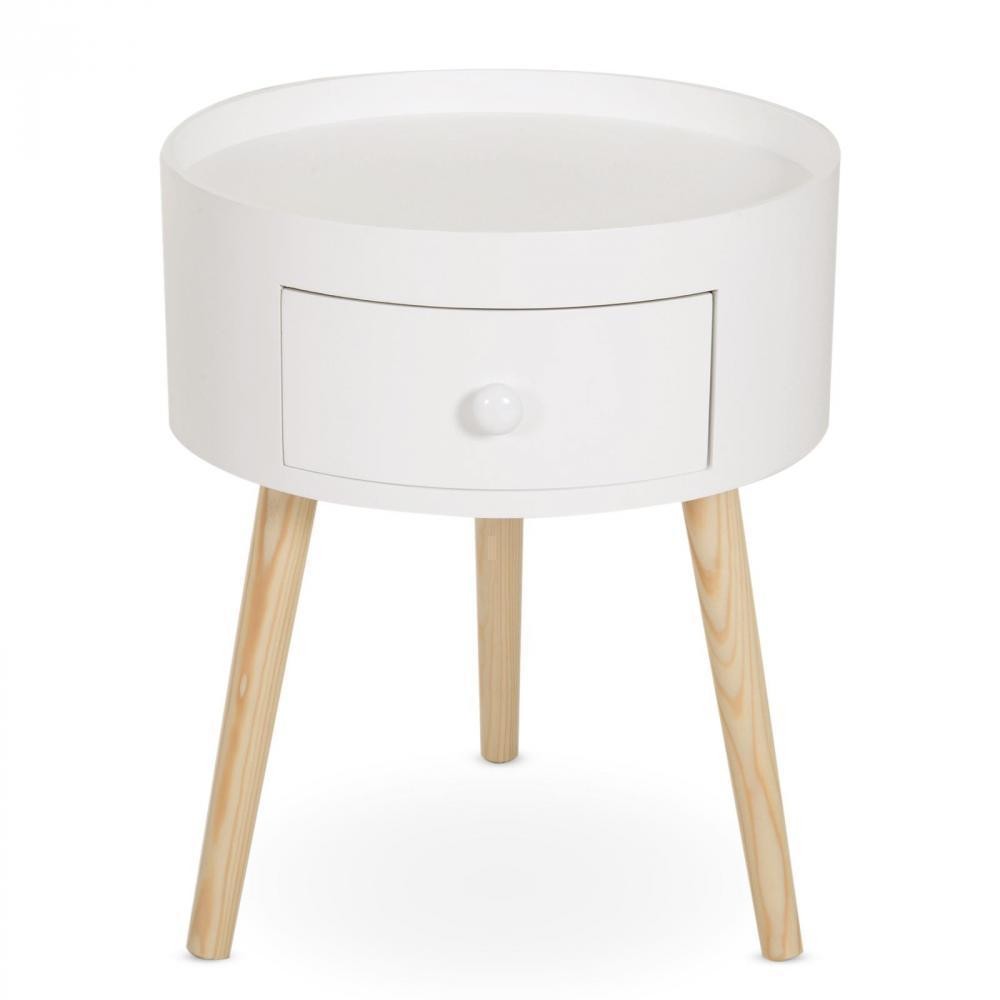 chevet table de nuit ronde design scandinave tiroir bicolore pieds effilés inclinés bois massif chêne clair blanc (GiFi-AOS-833-363)