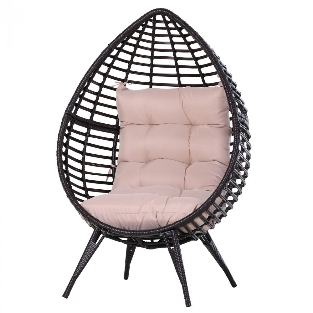 fauteuil cocon oeuf sur pied design dim. 101l x 89l x 156h cm coussin beige déhoussable grand confort inclus métal résine chocolat (GiFi-AOS-867-047CF)