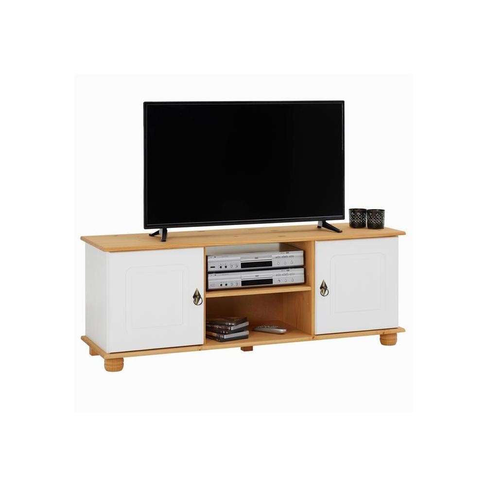 meuble tv en pin belfort 2 portes + 2 niches lasuré blanc et brun (GiFi-MOB-8454)