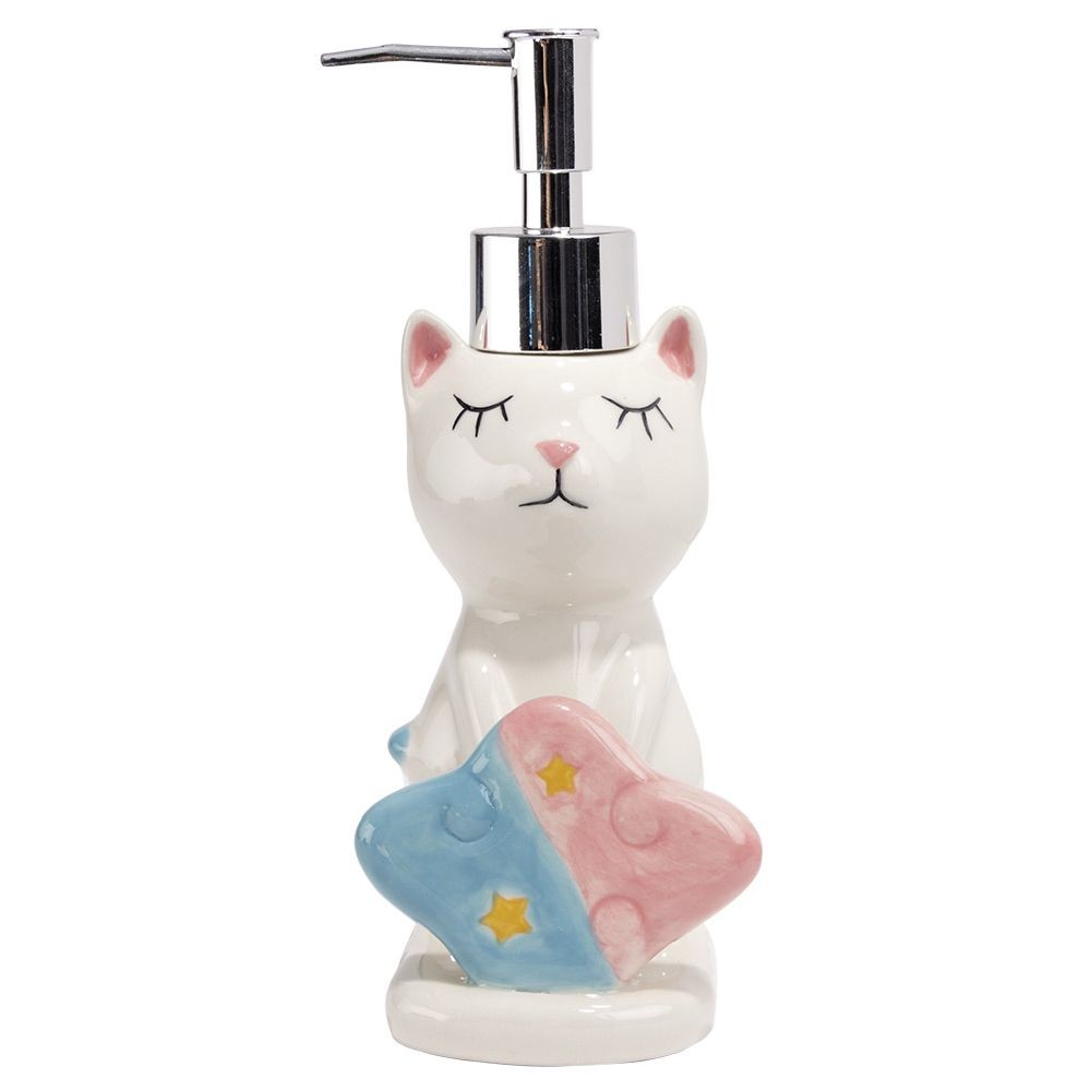 distributeur à savon forme chat avec porte éponge grès blanc rose bleu (GiFi-603297X)