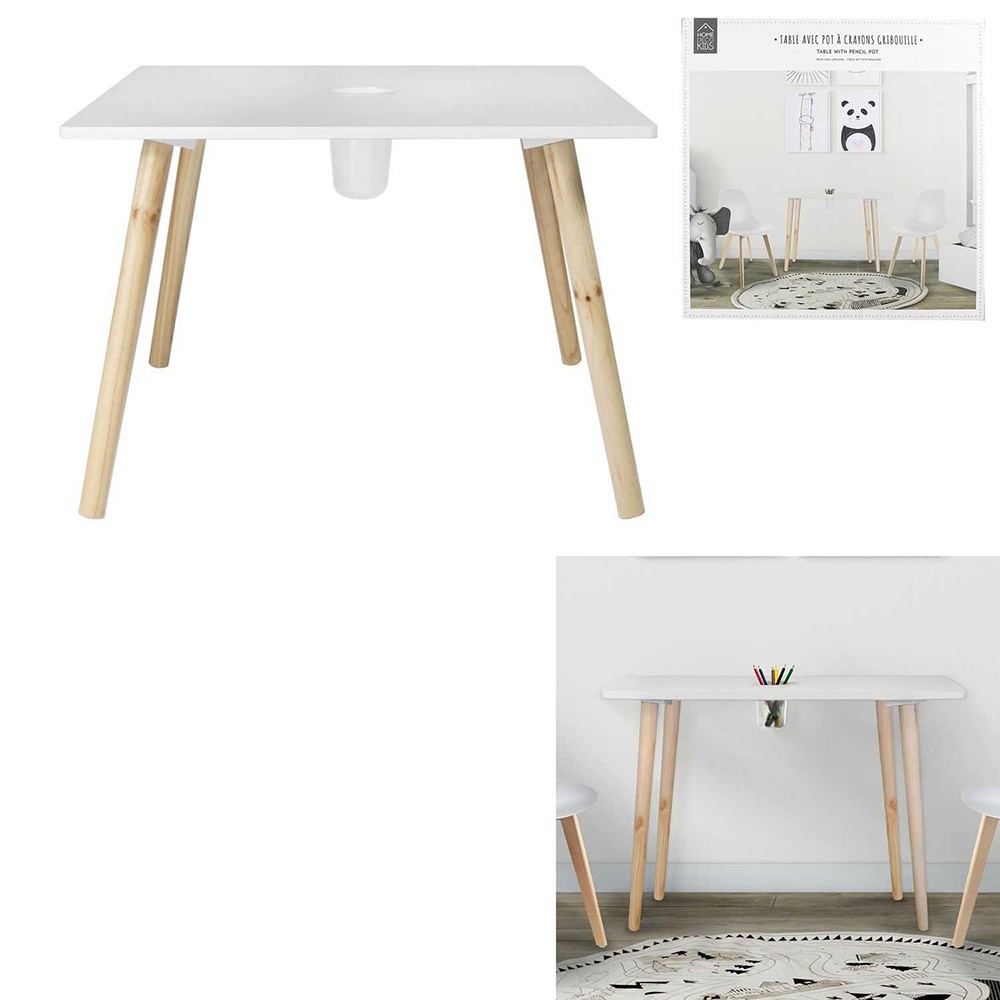 table en bois gribouille avec pot à crayon blanc et naturel 60x60xh45,5cm (GiFi-603913X)