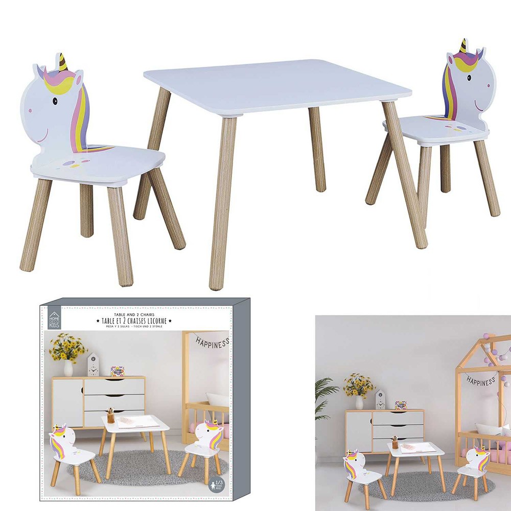 table lily avec chaise licorne x2 bois blanc et naturel 55x55xh43cm (GiFi-603914X)
