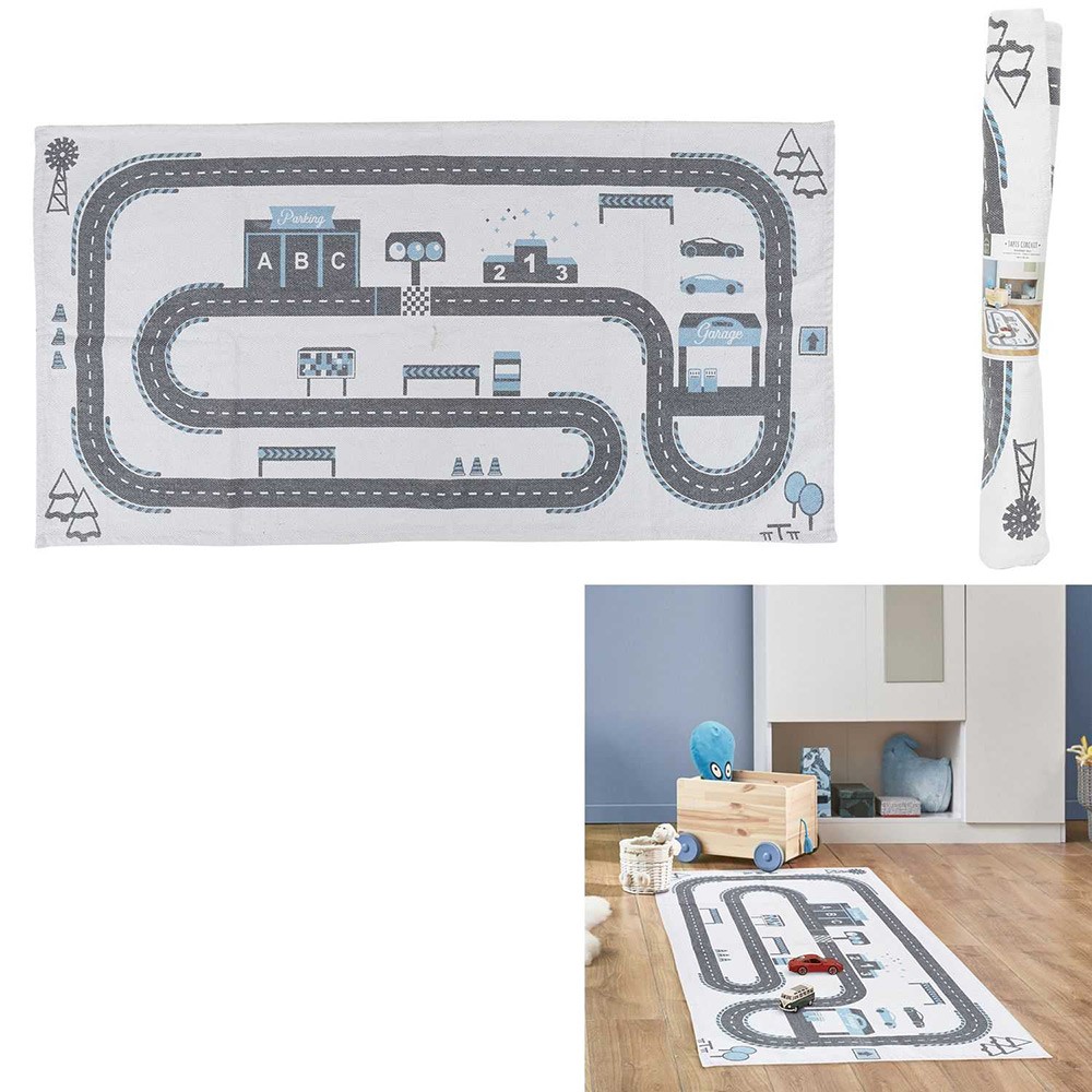 tapis imprimé circuit voiture blanc gris bleu 140x70cm (GiFi-604081X)