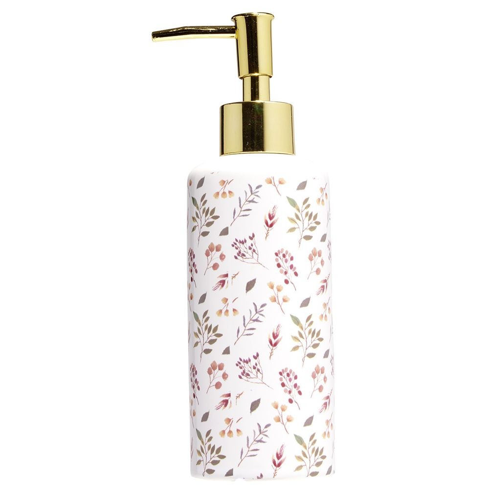 distributeur de savon céramique motif floral blanc et rose Ø6xh15cm (GiFi-605205X)