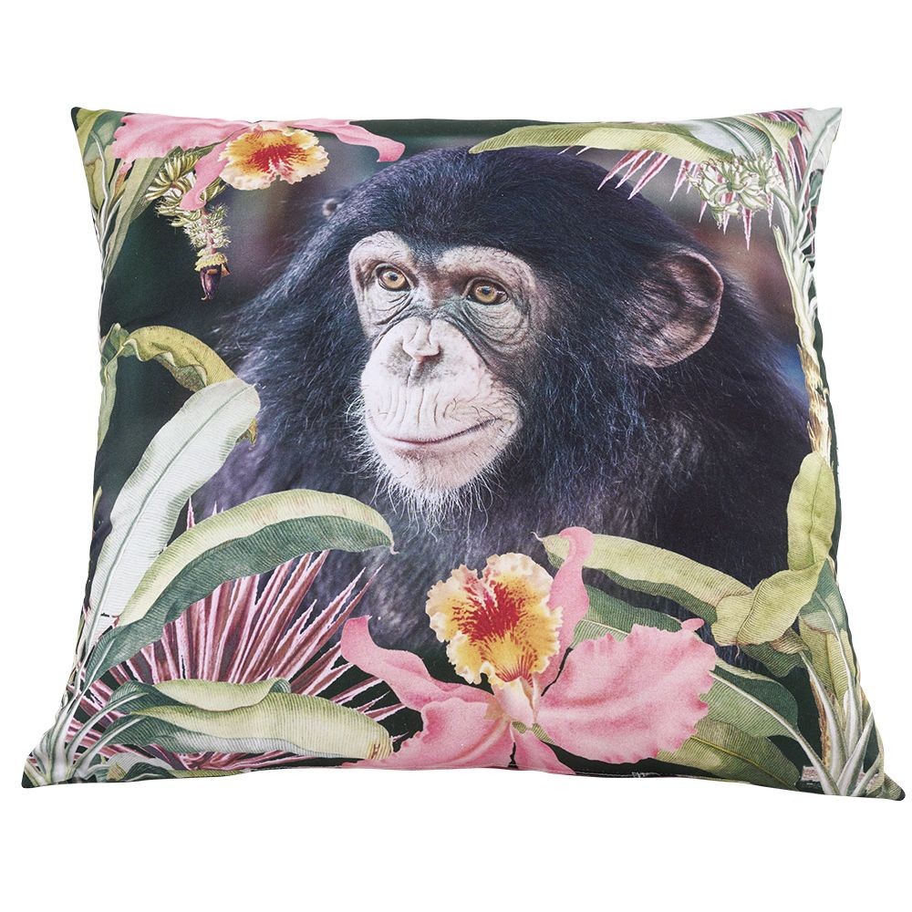 coussin carré multicolore motifs fleurs et tête de chimpanzé 40x40cm (GiFi-605549X)