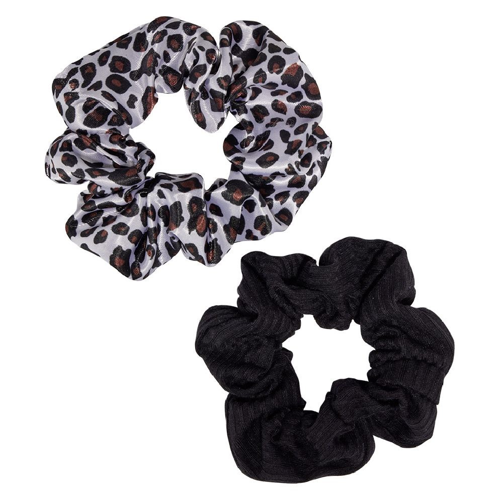chouchou motif léopard blanc/marron et uni noir Ø10cm x2 (GiFi-605729X)