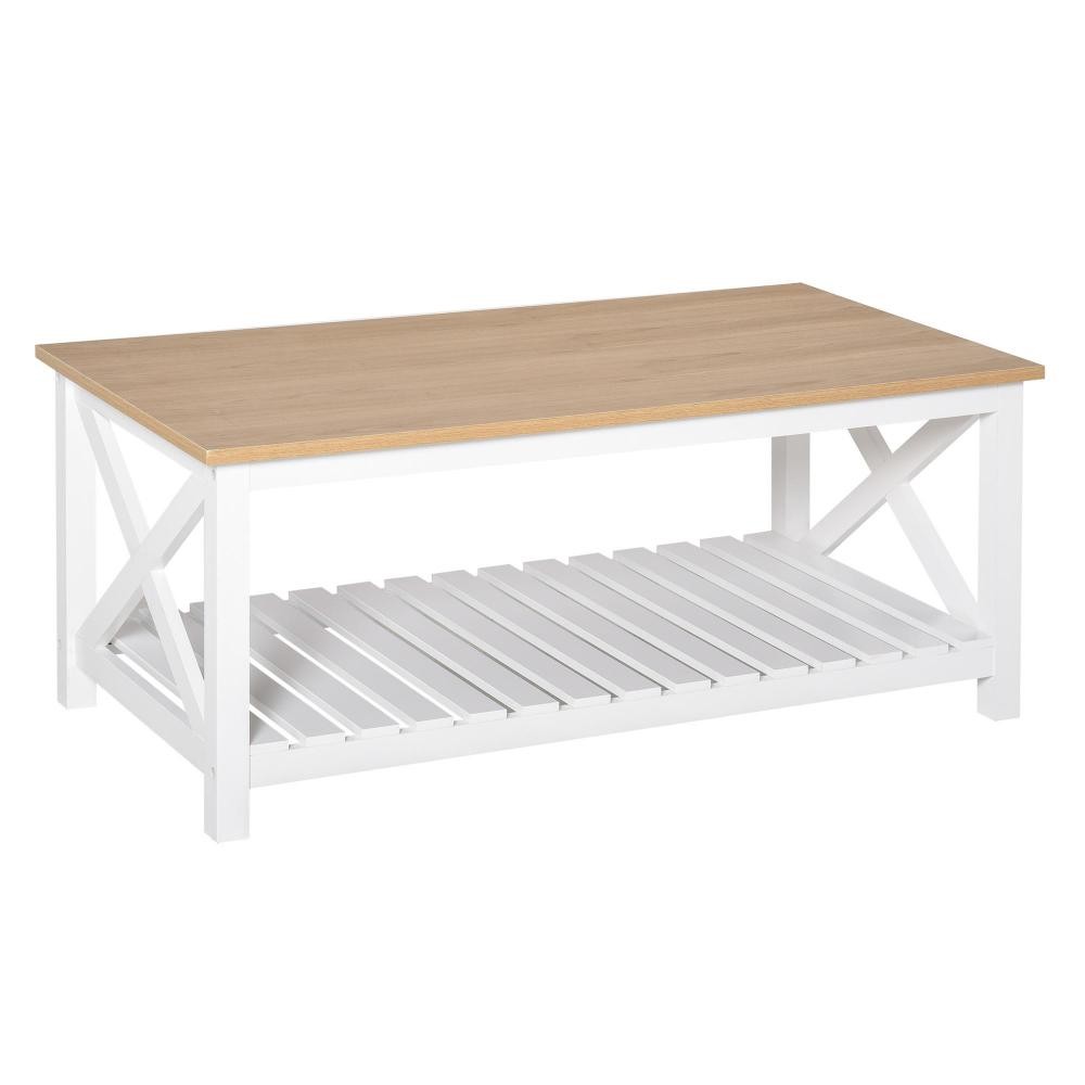 table basse rectangulaire dim. 116l x 60l x 48h cm étagère à lattes plateau imitation chêne clair mdf blanc (GiFi-AOS-833-895)