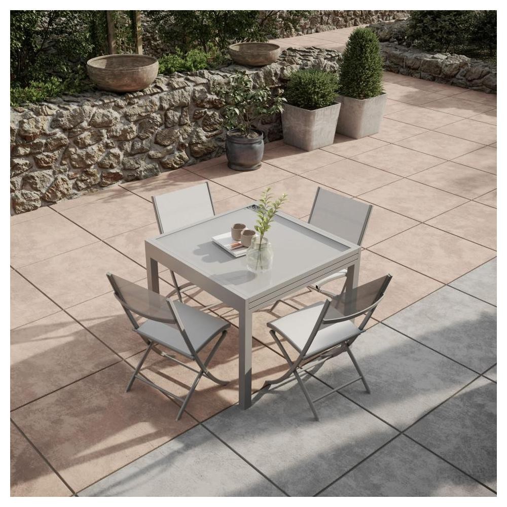 table de jardin extensible aluminium 90/180cm  + 4 chaises pliantes textilène gris - bora 4 (GiFi-IMS-GR-T90180A-4CH011A)