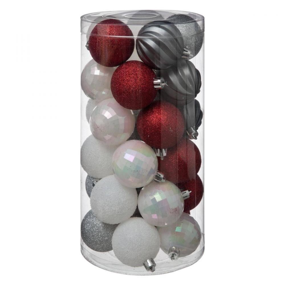 boules de noël 60 mm x30 rouge, gris et blanc (GiFi-IDH-2BOU/NOEL/X30/129157B)