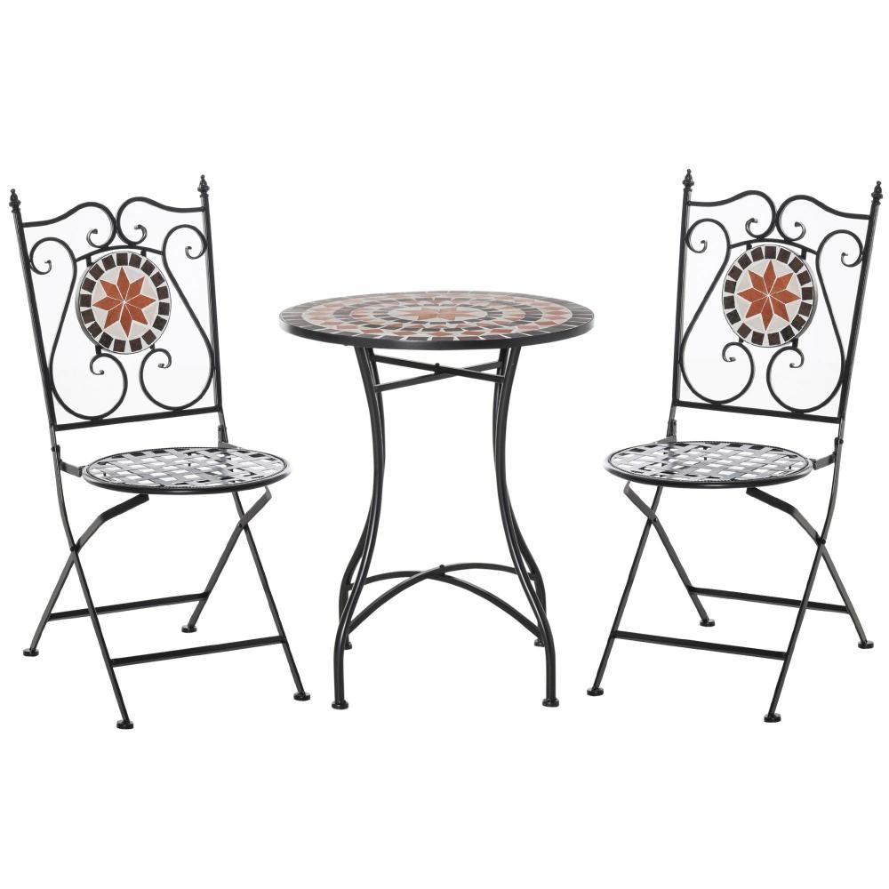 ensemble bistro 2 places 3 pièces style fer forgé mosaà¯que céramique motif rose des vents chaises pliables métal époxy noir (GiFi-AOS-84B-526)