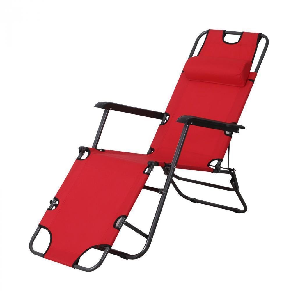 Chaise longue transat 2 en 1 pliant inclinable multiposition rouge
