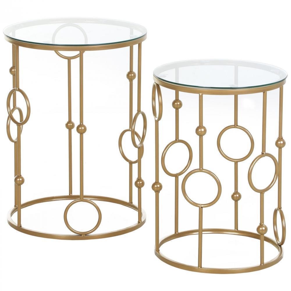 tables gigognes lot de 2 tables basses rondes design style art déco Ø 41 et Ø 36 cm métal doré verre trempé 5 mm (GiFi-AOS-833-674)