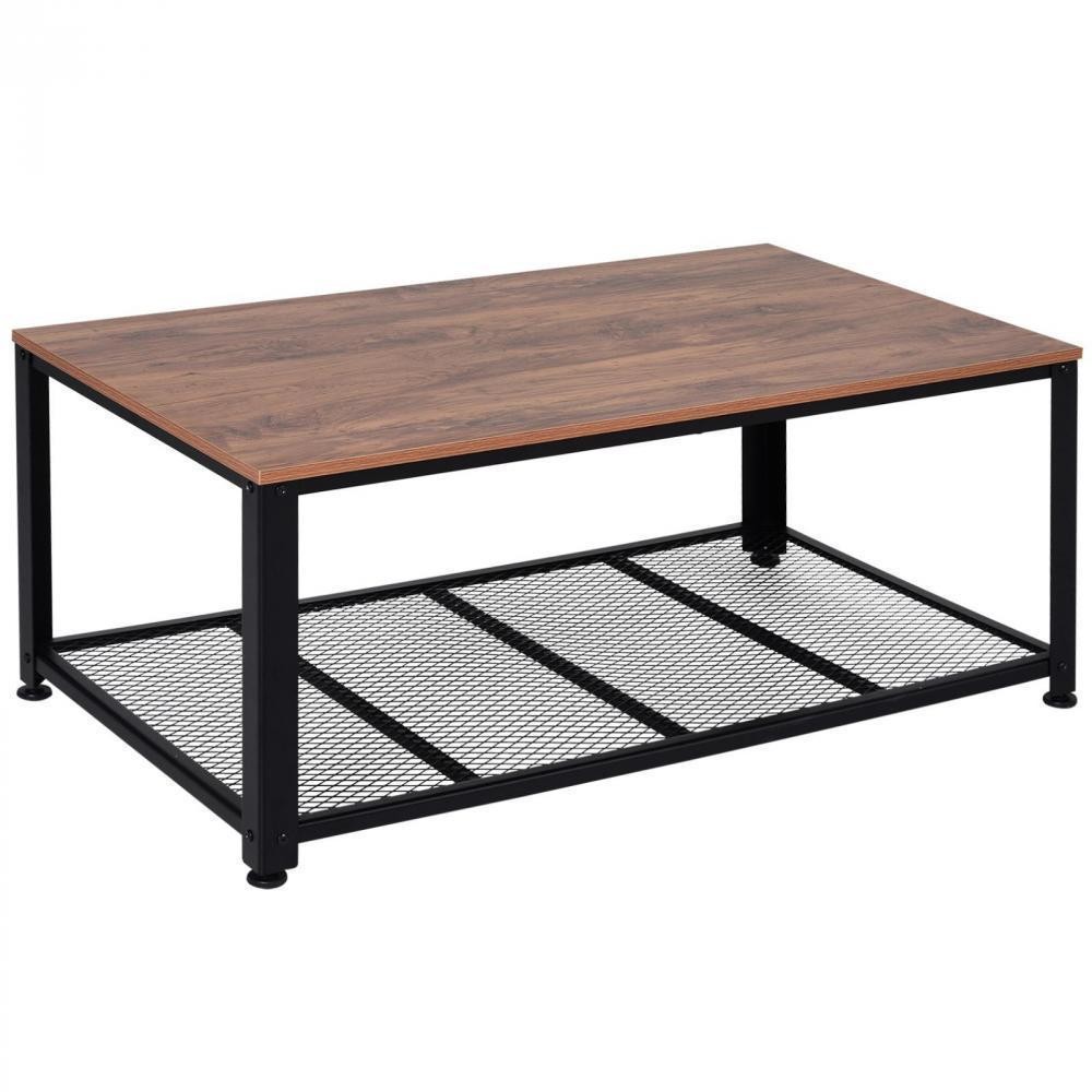 table basse vintage rectangulaire style industriel avec étagère métal noir panneaux particules imitation bois (GiFi-AOS-833-723)