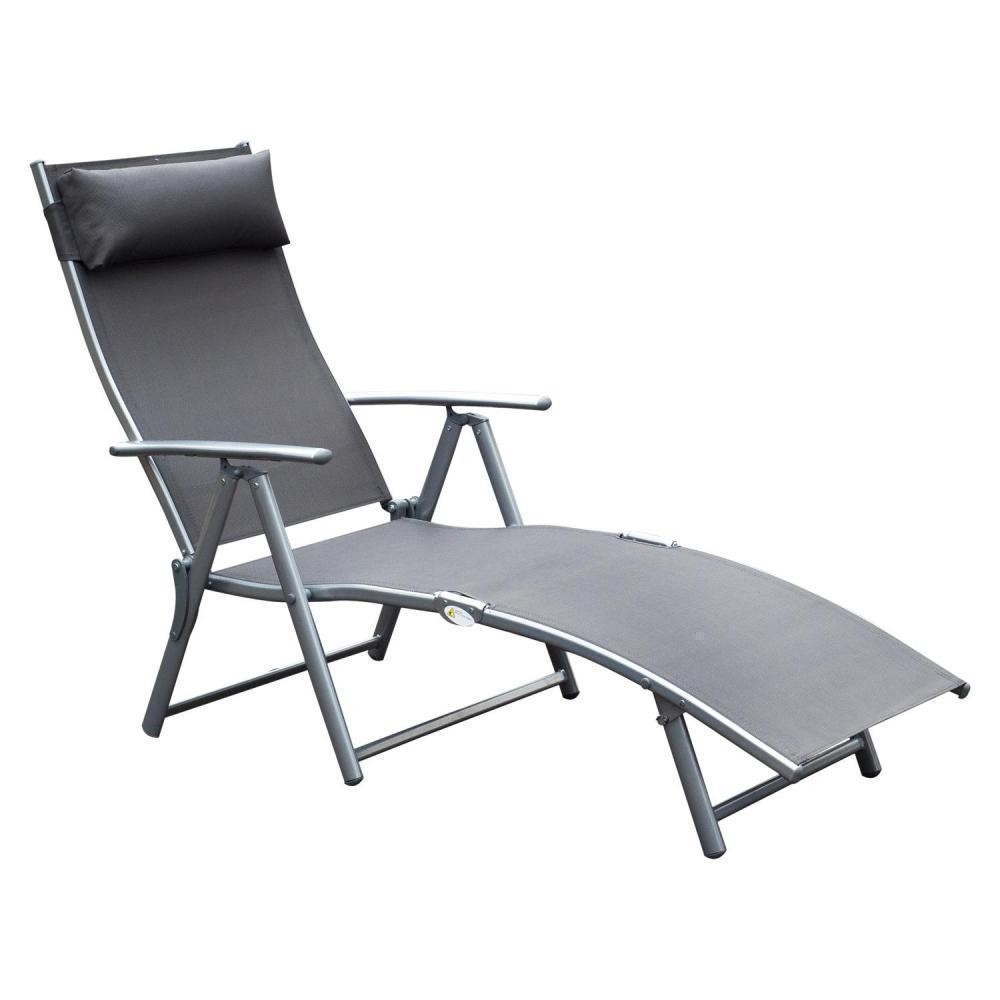 outsunny transat chaise longue bain de soleil pliable dossier inclinable multi-positions têtière fournie 137l x 64l x 101h cm métal époxy textilène gris (GiFi-AOS-84B-184GY)