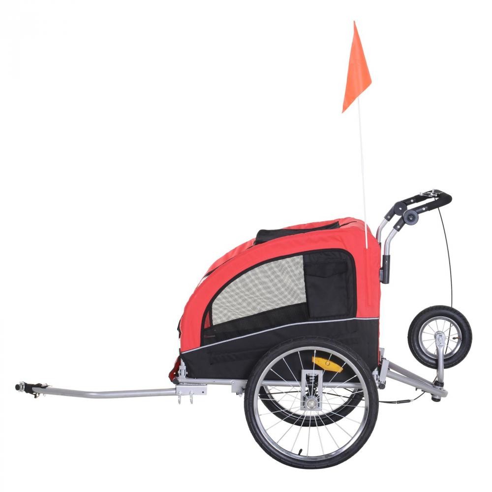 remorque vélo jogger 2 en 1 pour animaux drapeau roue avant pivotante réflecteurs et barre d'attelage inclus rouge noir (GiFi-AOS-5663-1289)