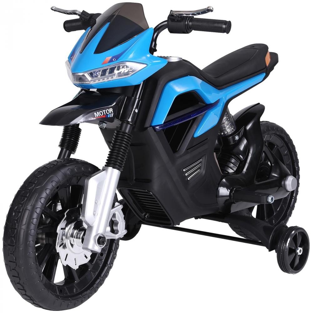 moto électrique pour enfants 25 w 6 v 3 km/h effets lumineux et sonores roulettes amovibles bleu (GiFi-AOS-370-068BU)