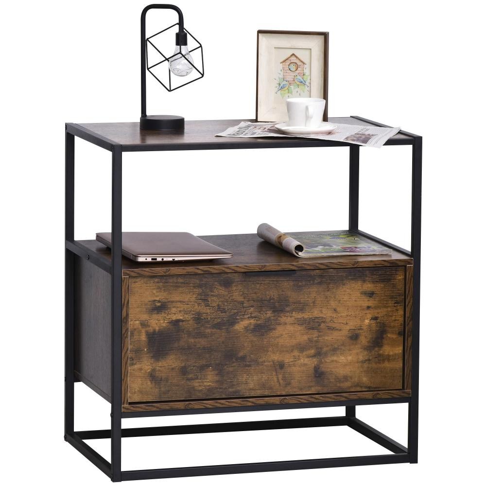 console meuble de rangement style industriel vintage grand tiroir, étagère et plateau aspect vieux bois veinage métal noir (GiFi-AOS-838-039)